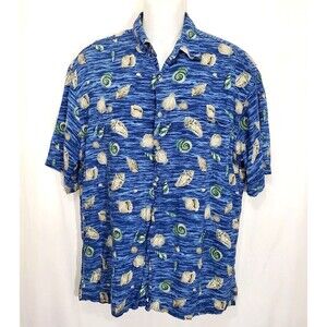 Campia Moda Shirt Large Hawaiian Camp Blue Shells Button Front Lightweight 90'S